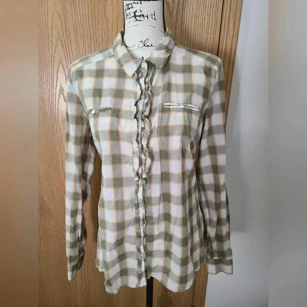 Eddie Bauer plaid button up shirt ruffle placket pocket